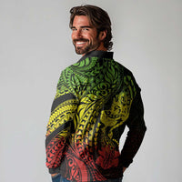 Hawaiian Manta Ray and Hammerhead Shark Tribal Tattoo Long Sleeve Polo Shirt with Polynesian Tribal Pattern Reggae Style