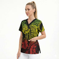 Hawaiian Manta Ray and Hammerhead Shark Tribal Tattoo Scrub Top with Polynesian Tribal Pattern Reggae Style