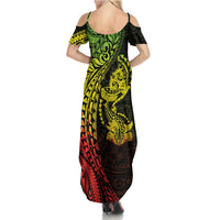 Hawaiian Manta Ray and Hammerhead Shark Tribal Tattoo Summer Maxi Dress with Polynesian Tribal Pattern Reggae Style