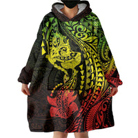 Hawaiian Manta Ray and Hammerhead Shark Tribal Tattoo Wearable Blanket Hoodie with Polynesian Tribal Pattern Reggae Style