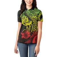 Hawaiian Manta Ray and Hammerhead Shark Tribal Tattoo Women Polo Shirt with Polynesian Tribal Pattern Reggae Style