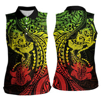 Hawaiian Manta Ray and Hammerhead Shark Tribal Tattoo Women Sleeveless Polo Shirt with Polynesian Tribal Pattern Reggae Style