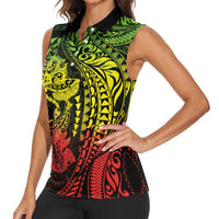 Hawaiian Manta Ray and Hammerhead Shark Tribal Tattoo Women Sleeveless Polo Shirt with Polynesian Tribal Pattern Reggae Style