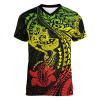 Hawaiian Manta Ray and Hammerhead Shark Tribal Tattoo Women V-Neck T-Shirt with Polynesian Tribal Pattern Reggae Style