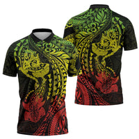 Hawaiian Manta Ray and Hammerhead Shark Tribal Tattoo Zipper Polo Shirt with Polynesian Tribal Pattern Reggae Style