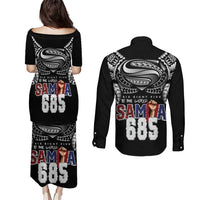 Super Samoa-Six Eight Five to The World Couples Matching Puletasi and Long Sleeve Button Shirt Traditional Samoan Tattoo Black Color