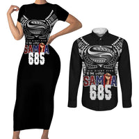 Super Samoa-Six Eight Five to The World Couples Matching Short Sleeve Bodycon Dress and Long Sleeve Button Shirt Traditional Samoan Tattoo Black Color