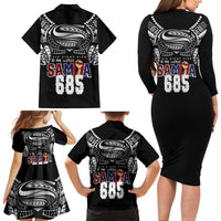 Super Samoa-Six Eight Five to The World Family Matching Long Sleeve Bodycon Dress and Hawaiian Shirt Traditional Samoan Tattoo Black Color