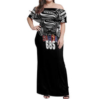 Super Samoa-Six Eight Five to The World Off Shoulder Maxi Dress Traditional Samoan Tattoo Black Color