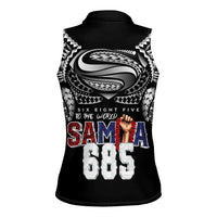 Super Samoa-Six Eight Five to The World Women Sleeveless Polo Shirt Traditional Samoan Tattoo Black Color