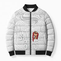 Super Samoa-Six Eight Five to The World Bomber Puffer Jacket Traditional Samoan Tattoo All White