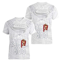Super Samoa-Six Eight Five to The World Women V-Neck T-Shirt Traditional Samoan Tattoo All White