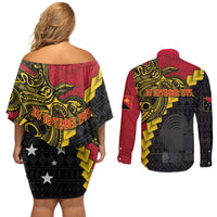 Papua New Guinea Independence Day Couples Matching Off Shoulder Short Dress and Long Sleeve Button Shirt Bird-of-paradise Melanesian Tattoo