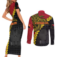 Papua New Guinea Independence Day Couples Matching Short Sleeve Bodycon Dress and Long Sleeve Button Shirt Bird-of-paradise Melanesian Tattoo