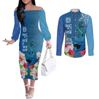 Polynesian Fiji Couples Matching Off The Shoulder Long Sleeve Dress and Long Sleeve Button Shirts Shark and Hibiscus Tapa Pattern Blue Version LT03 Blue - Polynesian Pride