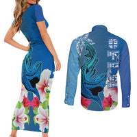 Polynesian Fiji Couples Matching Short Sleeve Bodycon Dress and Long Sleeve Button Shirts Shark and Hibiscus Tapa Pattern Blue Version LT03 - Polynesian Pride