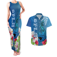 Polynesian Fiji Couples Matching Tank Maxi Dress and Hawaiian Shirt Shark and Hibiscus Tapa Pattern Blue Version LT03 Blue - Polynesian Pride