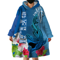 Custom Polynesian Fiji Wearable Blanket Hoodie Shark and Hibiscus Tapa Pattern Blue Version LT03 - Polynesian Pride