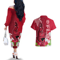 Polynesian Fiji Couples Matching Off The Shoulder Long Sleeve Dress and Hawaiian Shirt Shark and Hibiscus Tapa Pattern Red Version LT03 - Polynesian Pride
