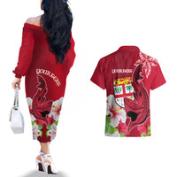 Custom Polynesian Fiji Couples Matching Off The Shoulder Long Sleeve Dress and Hawaiian Shirt Shark and Hibiscus Tapa Pattern Red Version LT03 - Polynesian Pride