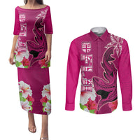 Polynesian Fiji Couples Matching Puletasi Dress and Long Sleeve Button Shirts Shark and Hibiscus Tapa Pattern Purple Version LT03 Pink - Polynesian Pride