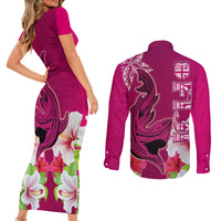 Polynesian Fiji Couples Matching Short Sleeve Bodycon Dress and Long Sleeve Button Shirts Shark and Hibiscus Tapa Pattern Purple Version LT03 - Polynesian Pride