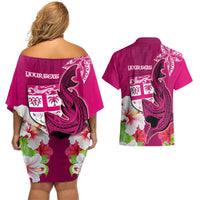 Custom Polynesian Fiji Couples Matching Off Shoulder Short Dress and Hawaiian Shirt Shark and Hibiscus Tapa Pattern Purple Version LT03 - Polynesian Pride
