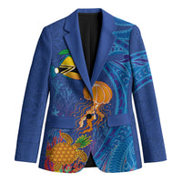Hawaiian Funny Fruits Sea Animals Blazer Mango Reef Triggerfish and Pineapple Turtle and Mandarin Jellyfish LT03 Unisex Blue - Polynesian Pride