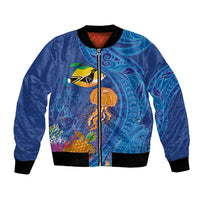 Hawaiian Funny Fruits Sea Animals Bomber Jacket Mango Reef Triggerfish and Pineapple Turtle and Mandarin Jellyfish LT03 Unisex Blue - Polynesian Pride