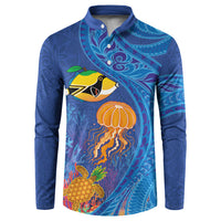 Hawaiian Funny Fruits Sea Animals Button Sweatshirt Mango Reef Triggerfish and Pineapple Turtle and Mandarin Jellyfish LT03 Blue - Polynesian Pride