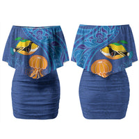 Hawaiian Funny Fruits Sea Animals Couples Matching Off Shoulder Short Dress and Long Sleeve Button Shirt Mango Reef Triggerfish and Pineapple Turtle and Mandarin Jellyfish LT03 - Polynesian Pride