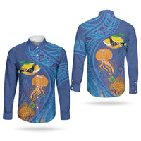 Hawaiian Funny Fruits Sea Animals Couples Matching Off The Shoulder Long Sleeve Dress and Long Sleeve Button Shirt Mango Reef Triggerfish and Pineapple Turtle and Mandarin Jellyfish LT03 - Polynesian Pride