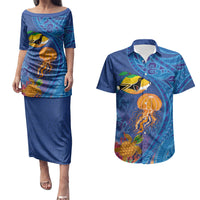 Hawaiian Funny Fruits Sea Animals Couples Matching Puletasi and Hawaiian Shirt Mango Reef Triggerfish and Pineapple Turtle and Mandarin Jellyfish LT03 Blue - Polynesian Pride