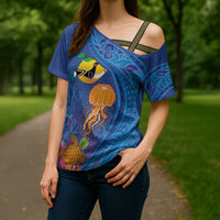 Hawaiian Funny Fruits Sea Animals Cross Shoulder Shirt Mango Reef Triggerfish and Pineapple Turtle and Mandarin Jellyfish LT03 - Polynesian Pride