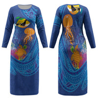 Hawaiian Funny Fruits Sea Animals Family Matching Long Sleeve Bodycon Dress and Hawaiian Shirt Mango Reef Triggerfish and Pineapple Turtle and Mandarin Jellyfish LT03 Mom's Dress Blue - Polynesian Pride
