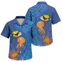 Hawaiian Funny Fruits Sea Animals Family Matching Off The Shoulder Long Sleeve Dress and Hawaiian Shirt Mango Reef Triggerfish and Pineapple Turtle and Mandarin Jellyfish LT03 Son's Shirt Blue - Polynesian Pride