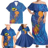 Hawaiian Funny Fruits Sea Animals Family Matching Off Shoulder Maxi Dress and Hawaiian Shirt Mango Reef Triggerfish and Pineapple Turtle and Mandarin Jellyfish LT03 - Polynesian Pride