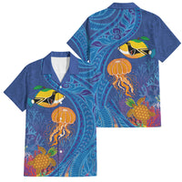 Hawaiian Funny Fruits Sea Animals Family Matching Off Shoulder Maxi Dress and Hawaiian Shirt Mango Reef Triggerfish and Pineapple Turtle and Mandarin Jellyfish LT03 Dad's Shirt - Short Sleeve Blue - Polynesian Pride