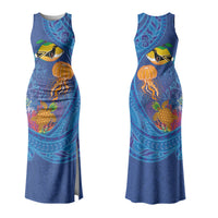 Hawaiian Funny Fruits Sea Animals Family Matching Tank Maxi Dress and Hawaiian Shirt Mango Reef Triggerfish and Pineapple Turtle and Mandarin Jellyfish LT03 Mom's Dress Blue - Polynesian Pride