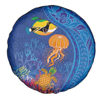 Hawaiian Funny Fruits Sea Animals Spare Tire Cover Mango Reef Triggerfish and Pineapple Turtle and Mandarin Jellyfish LT03 - Polynesian Pride