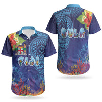Fiji Day Couples Matching Off Shoulder Short Dress and Hawaiian Shirt Coral Reef with Tapa Motifs and Hibiscus Ocean Vibe LT03 - Polynesian Pride