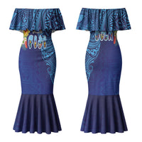 Fiji Day Family Matching Mermaid Dress and Hawaiian Shirt Coral Reef with Tapa Motifs and Hibiscus Ocean Vibe LT03 Mom's Dress Blue - Polynesian Pride