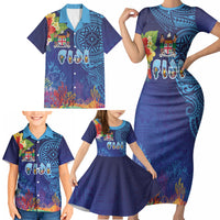 Fiji Day Family Matching Short Sleeve Bodycon Dress and Hawaiian Shirt Coral Reef with Tapa Motifs and Hibiscus Ocean Vibe LT03 - Polynesian Pride