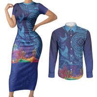 Fijian Tribal Manta Ray Couples Matching Short Sleeve Bodycon Dress and Long Sleeve Button Shirt Masi Motif with Coral Reef Ocean Vibe LT03 Blue - Polynesian Pride
