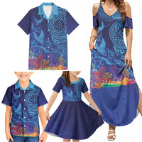 Fijian Tribal Manta Ray Family Matching Summer Maxi Dress and Hawaiian Shirt Masi Motif with Coral Reef Ocean Vibe LT03 - Polynesian Pride