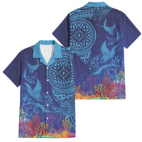Fijian Tribal Manta Ray Family Matching Summer Maxi Dress and Hawaiian Shirt Masi Motif with Coral Reef Ocean Vibe LT03 Dad's Shirt - Short Sleeve Blue - Polynesian Pride