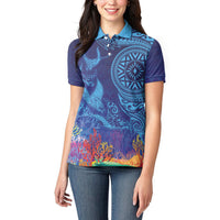 Fijian Tribal Manta Ray Women Polo Shirt Masi Motif with Coral Reef Ocean Vibe LT03 - Polynesian Pride