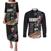 Hawaiian Halloween Skeleton Surfing Couples Matching Puletasi and Long Sleeve Button Shirt Polynesian Tribal Tattoo and Hawaiian Pattern LT03 Black - Polynesian Pride