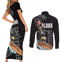 Hawaiian Halloween Skeleton Surfing Couples Matching Short Sleeve Bodycon Dress and Long Sleeve Button Shirt Polynesian Tribal Tattoo and Hawaiian Pattern