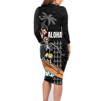 Hawaiian Halloween Skeleton Surfing Family Matching Long Sleeve Bodycon Dress and Hawaiian Shirt Polynesian Tribal Tattoo and Hawaiian Pattern